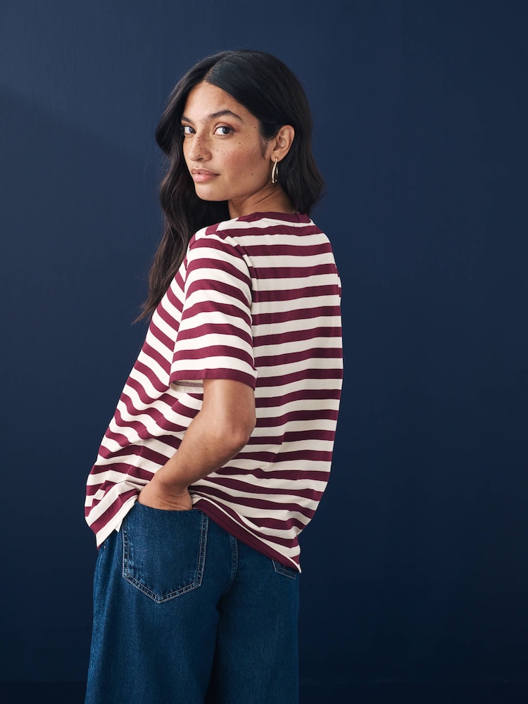 Berry/Ecru Stripe Heavyweight Short Sleeve Crew Neck T-Shirt - Image 4 of 7