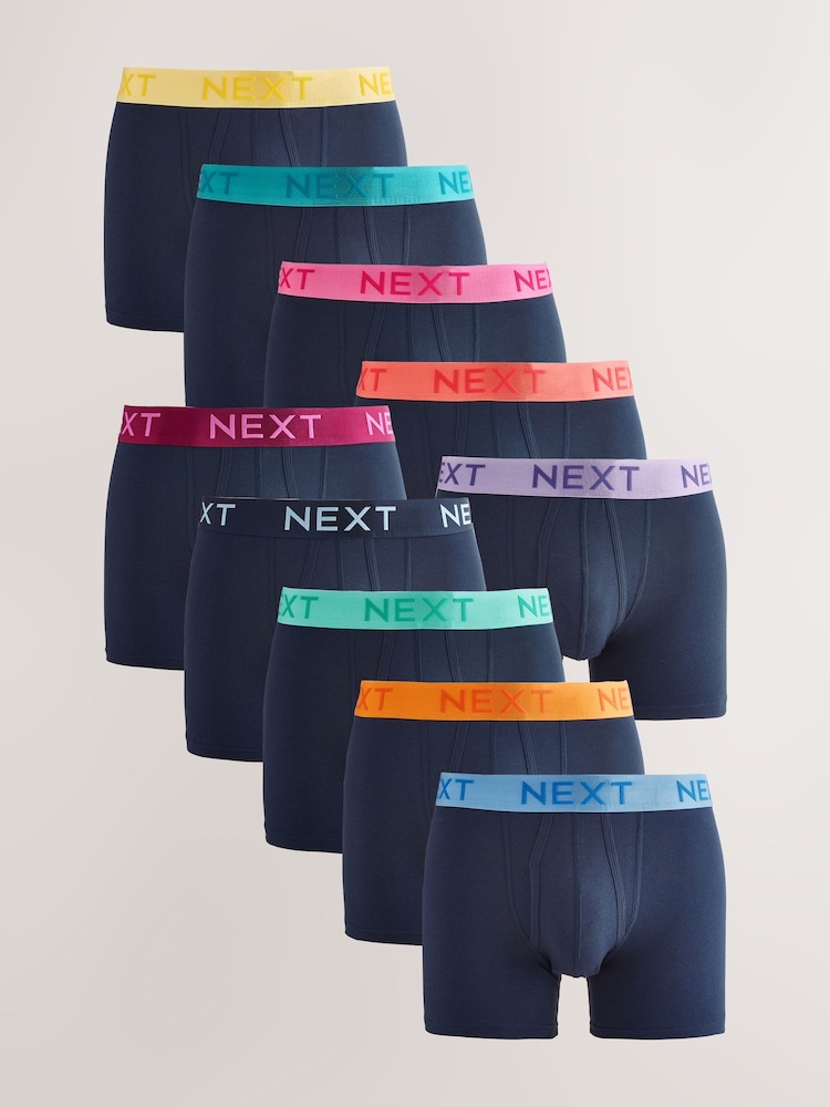 Navy Bright Contrast Waistband 10 pack A-Front Boxers - Image 1 of 14