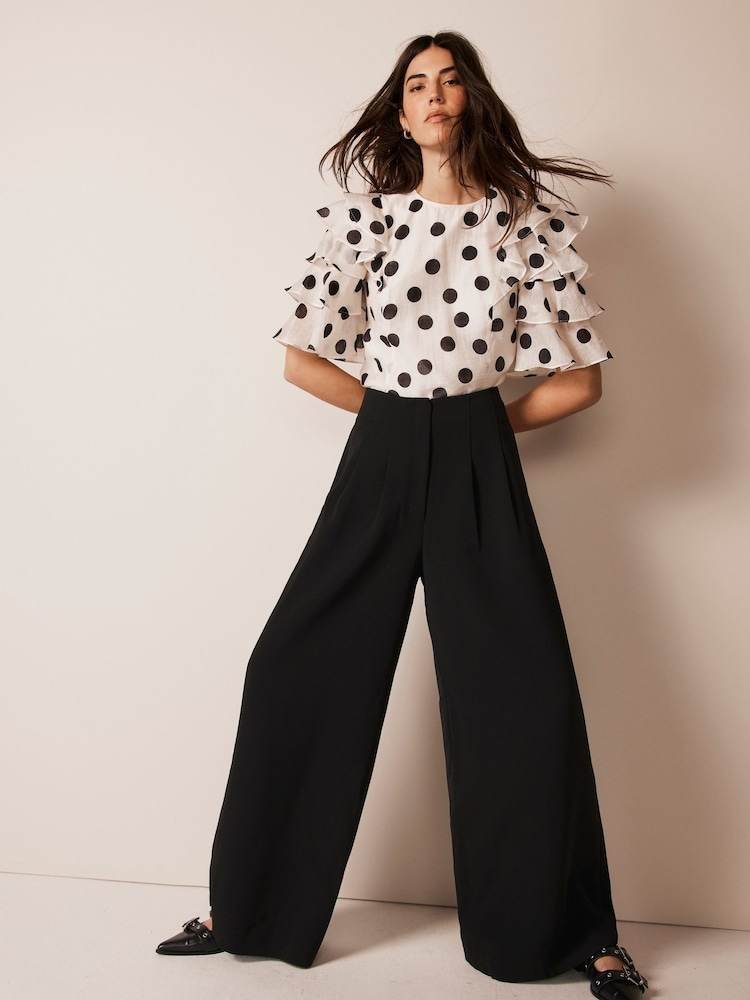 Mint Velvet Cream Polka Dot Ruffle Top With Linen - Image 1 of 4