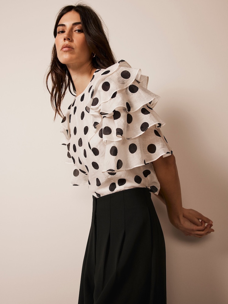 Mint Velvet Cream Polka Dot Ruffle Top With Linen - Image 2 of 4
