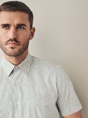 White Scattered Leaves Regular Fit 100% Cotton Short Sleeve Formal Shirt - Image 1 of 7