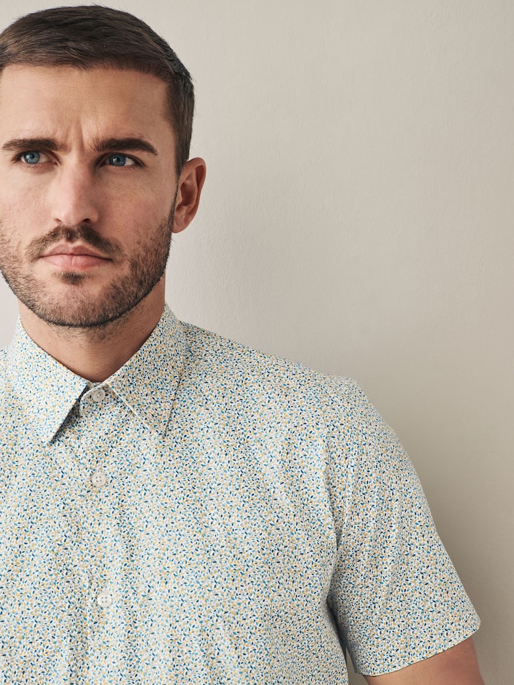 White Scattered Leaves Regular Fit 100% Cotton Short Sleeve Formal Shirt - Image 1 of 7