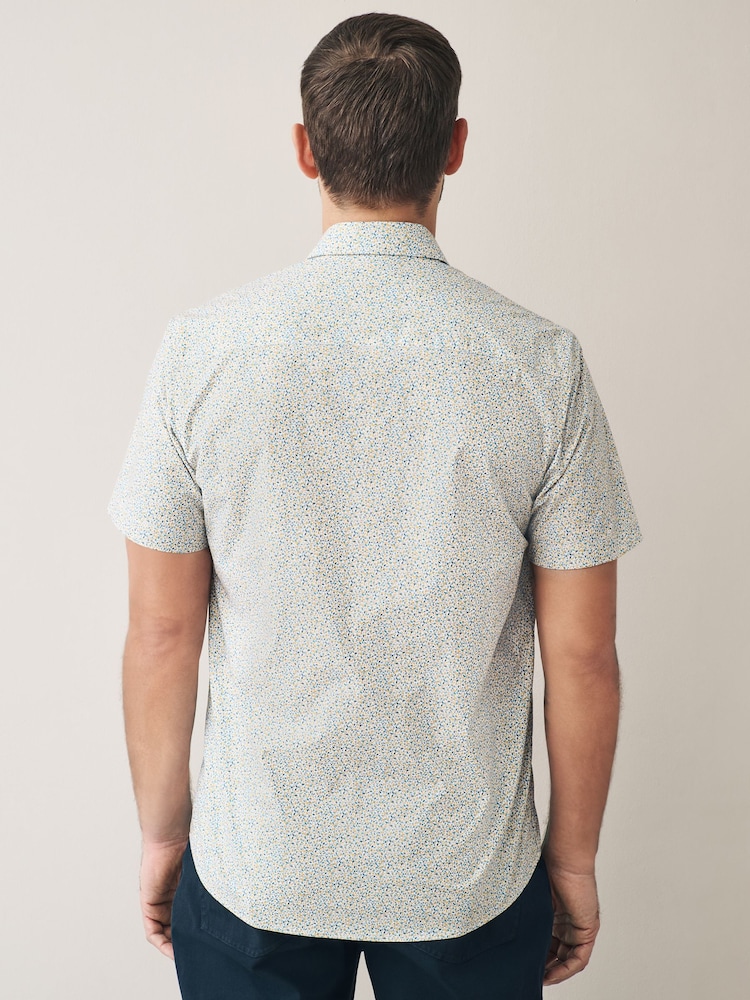 White Scattered Leaves Regular Fit 100% Cotton Short Sleeve Formal Shirt - Image 3 of 7