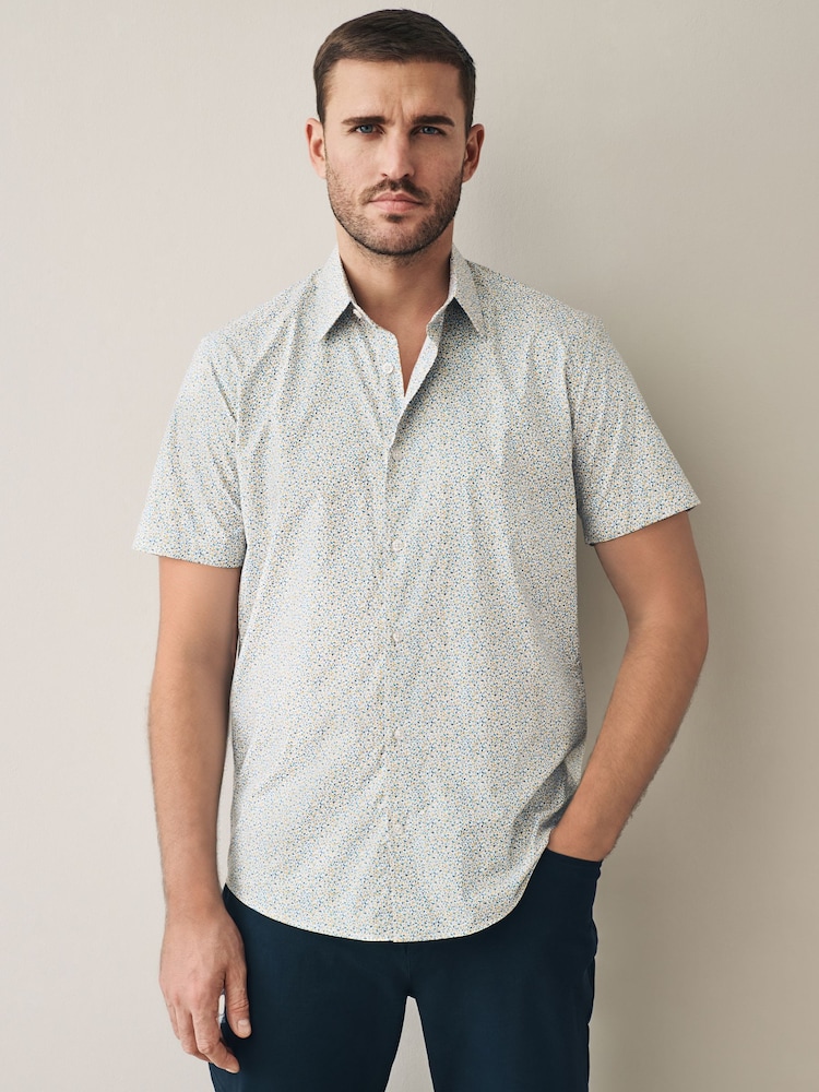 White Scattered Leaves Regular Fit 100% Cotton Short Sleeve Formal Shirt - Image 4 of 7