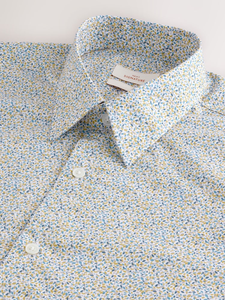 White Scattered Leaves Regular Fit 100% Cotton Short Sleeve Formal Shirt - Image 6 of 7