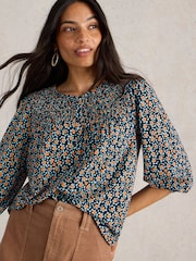 White Stuff Blue Daniella Shirred Top - Image 4 of 6