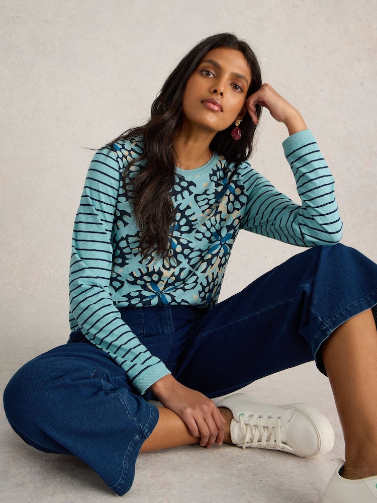 White Stuff Blue 100% Cotton Clara Long Sleeve T-Shirt - Image 3 of 6