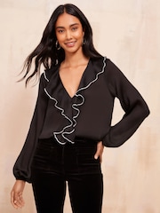 Friends Like These Black Tipped Ruffle Front Puff Sleeve Blouse - Image 1 of 4
