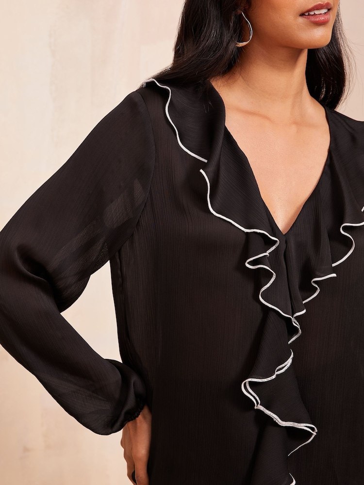 Friends Like These Black Tipped Ruffle Front Puff Sleeve Blouse - Image 2 of 4