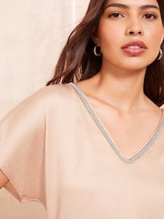 Friends Like These Cream V Neck  Shortss Sleeve Satin Blouse - Image 2 of 4