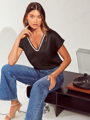 Friends Like These Black V Neck  Shortss Sleeve Satin Blouse - Image 1 of 4