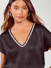 Friends Like These Black V Neck  Shortss Sleeve Satin Blouse - Image 2 of 4