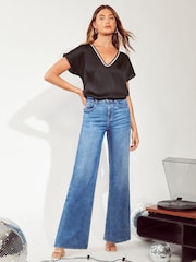 Friends Like These Black V Neck  Shortss Sleeve Satin Blouse - Image 3 of 4