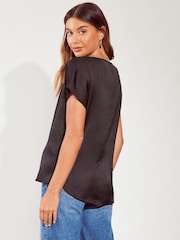 Friends Like These Black V Neck  Shortss Sleeve Satin Blouse - Image 4 of 4