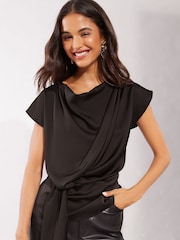 Friends Like These Black Waist Detail Long Sleeve Satin Blouse - Image 1 of 4