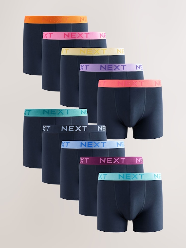 Navy Bright Contrast Waistband Rich Trunk Boxers 10 Pack - Image 1 of 14