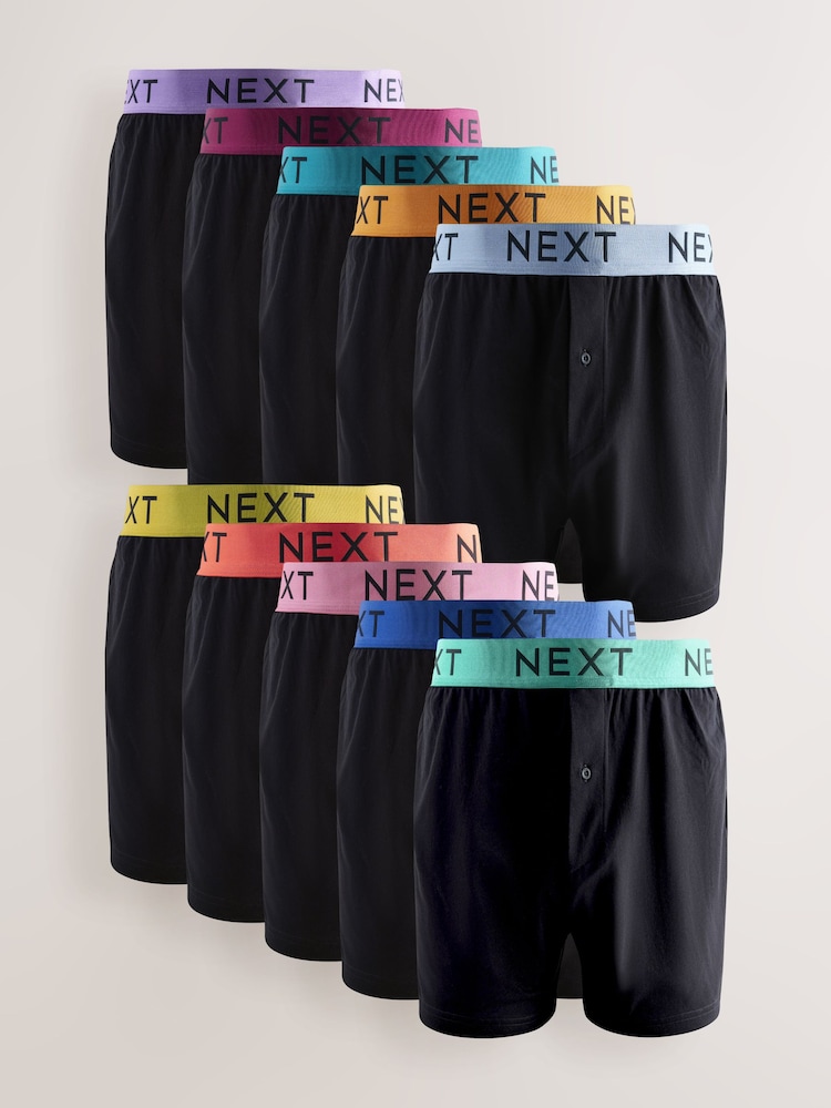 Black Bright Waistband 10 pack Loose Boxers 5 Pack - Image 1 of 14
