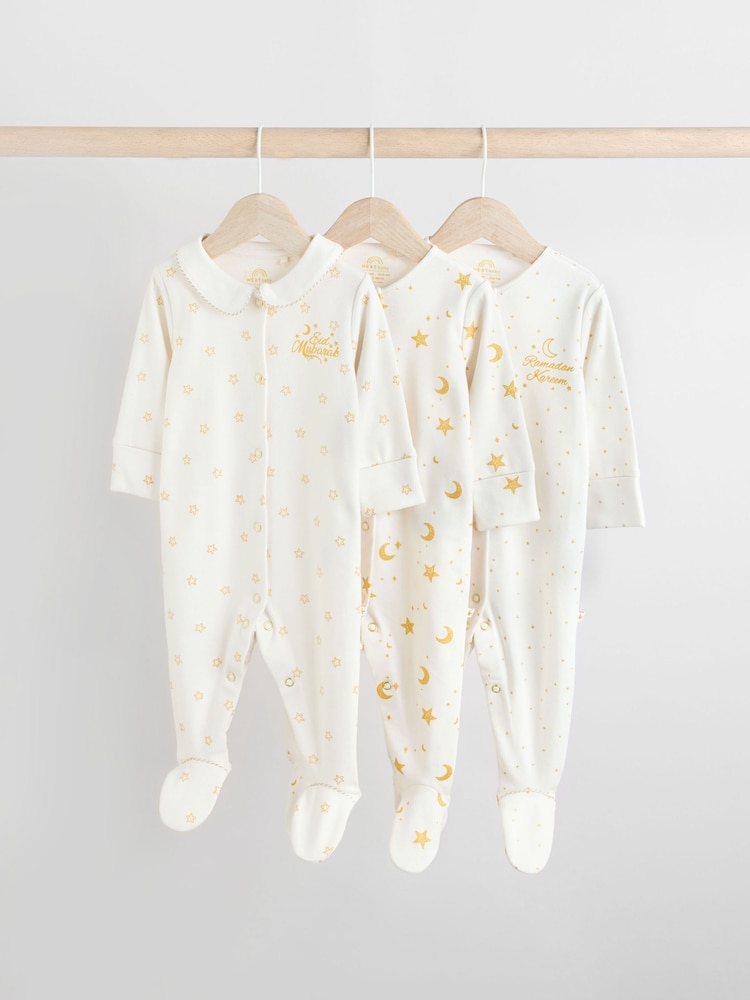 Weiß - Eid/Ramadan Kareem – Baby-Schlafanzüge mit Kragen im 3er-Pack (0M.–2J.) - Bild 1 von 12