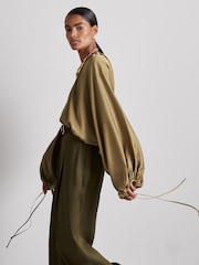 Reiss Khaki Finley Atelier Gathered Satin Top - Image 1 of 7
