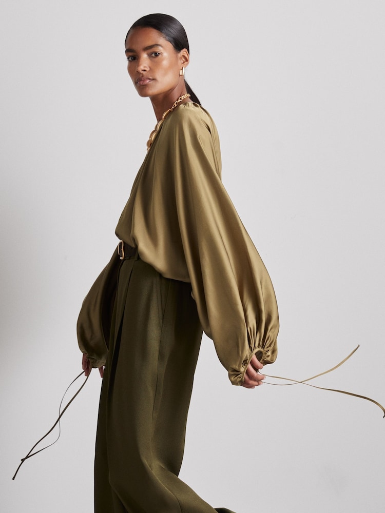 Reiss Khaki Finley Atelier Gathered Satin Top - Image 1 of 7