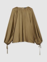 Reiss Khaki Finley Atelier Gathered Satin Top - Image 2 of 7
