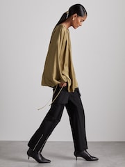 Reiss Khaki Finley Atelier Gathered Satin Top - Image 3 of 7