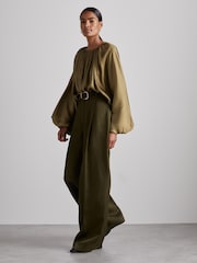 Reiss Khaki Finley Atelier Gathered Satin Top - Image 4 of 7