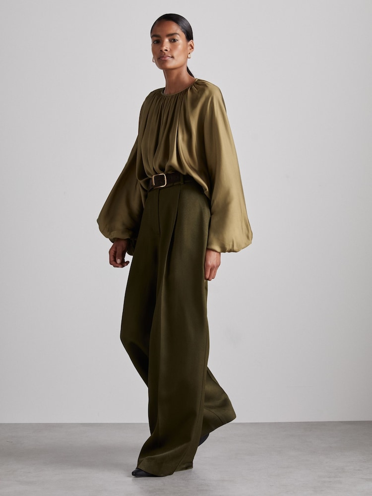 Reiss Khaki Finley Atelier Gathered Satin Top - Image 4 of 7