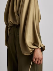 Reiss Khaki Finley Atelier Gathered Satin Top - Image 5 of 7
