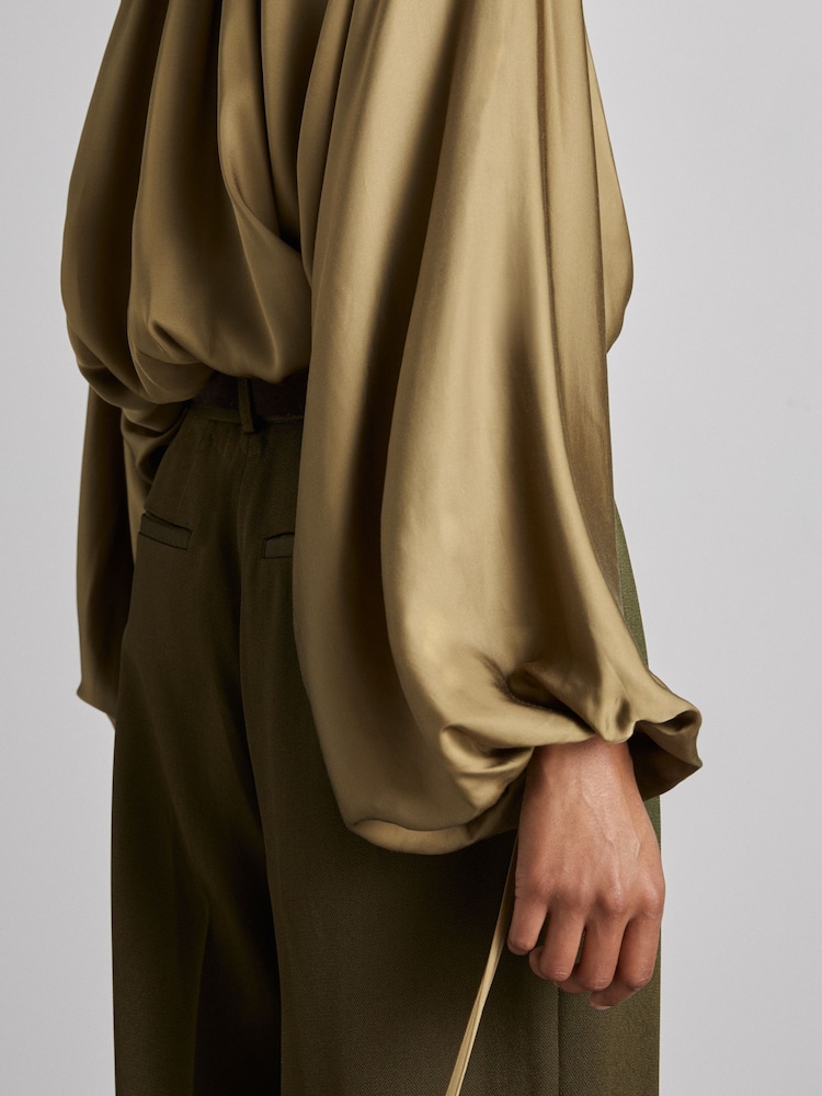 Reiss Khaki Finley Atelier Gathered Satin Top - Image 5 of 7