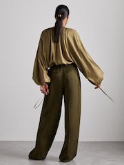 Reiss Khaki Finley Atelier Gathered Satin Top - Image 6 of 7