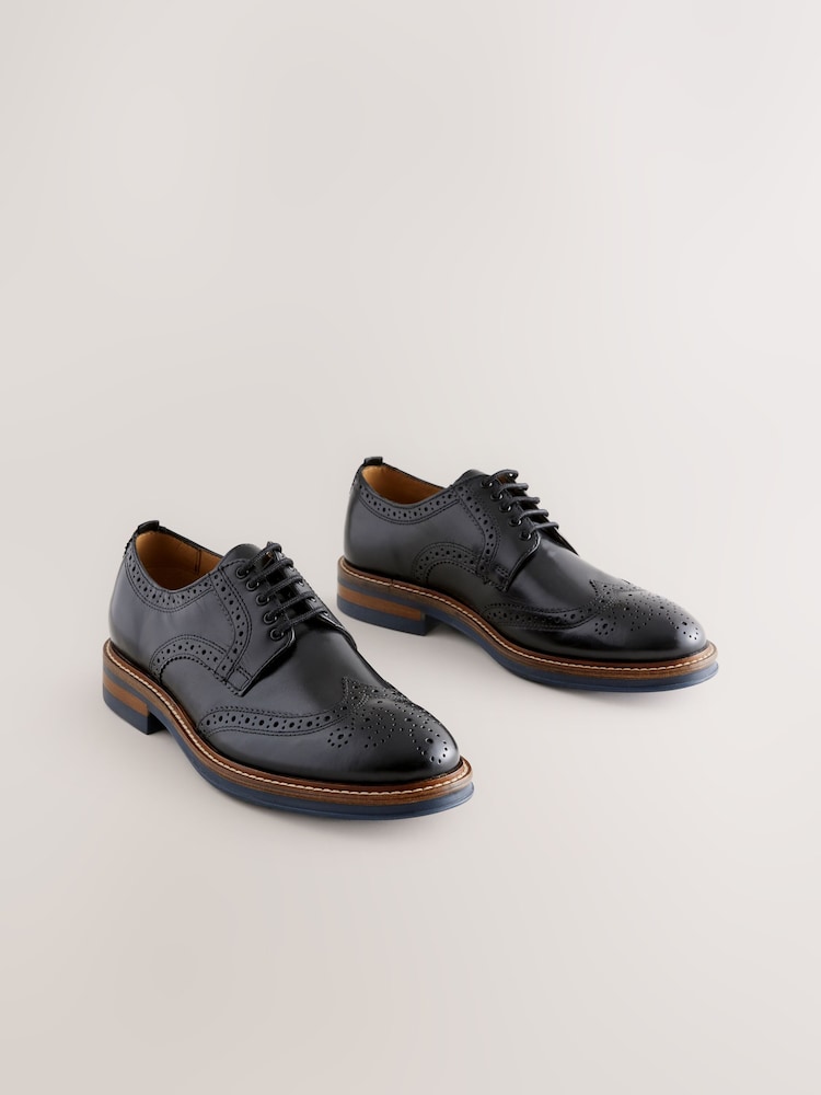 Black Standard Fit Leather Contrast Sole Chunky Brogues Shoes - Image 1 of 5