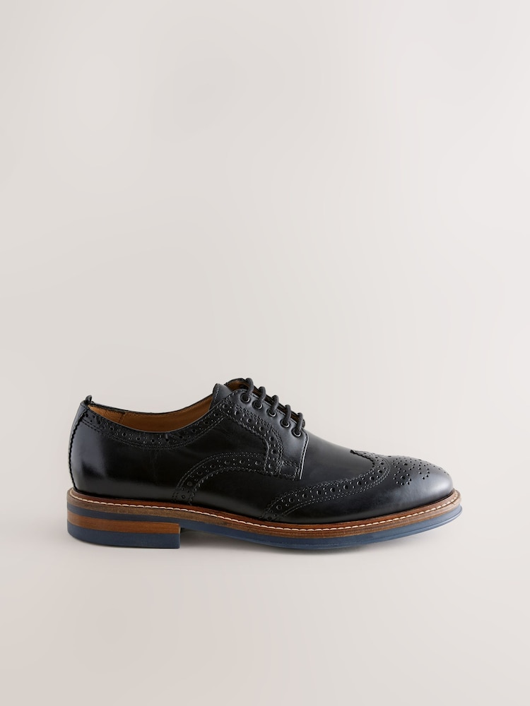 Black Standard Fit Leather Contrast Sole Chunky Brogues Shoes - Image 2 of 5
