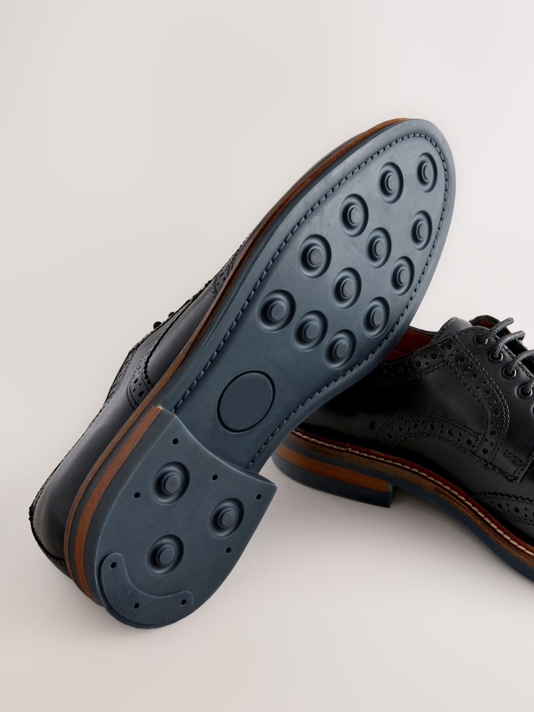 Black Standard Fit Leather Contrast Sole Chunky Brogues Shoes - Image 4 of 5