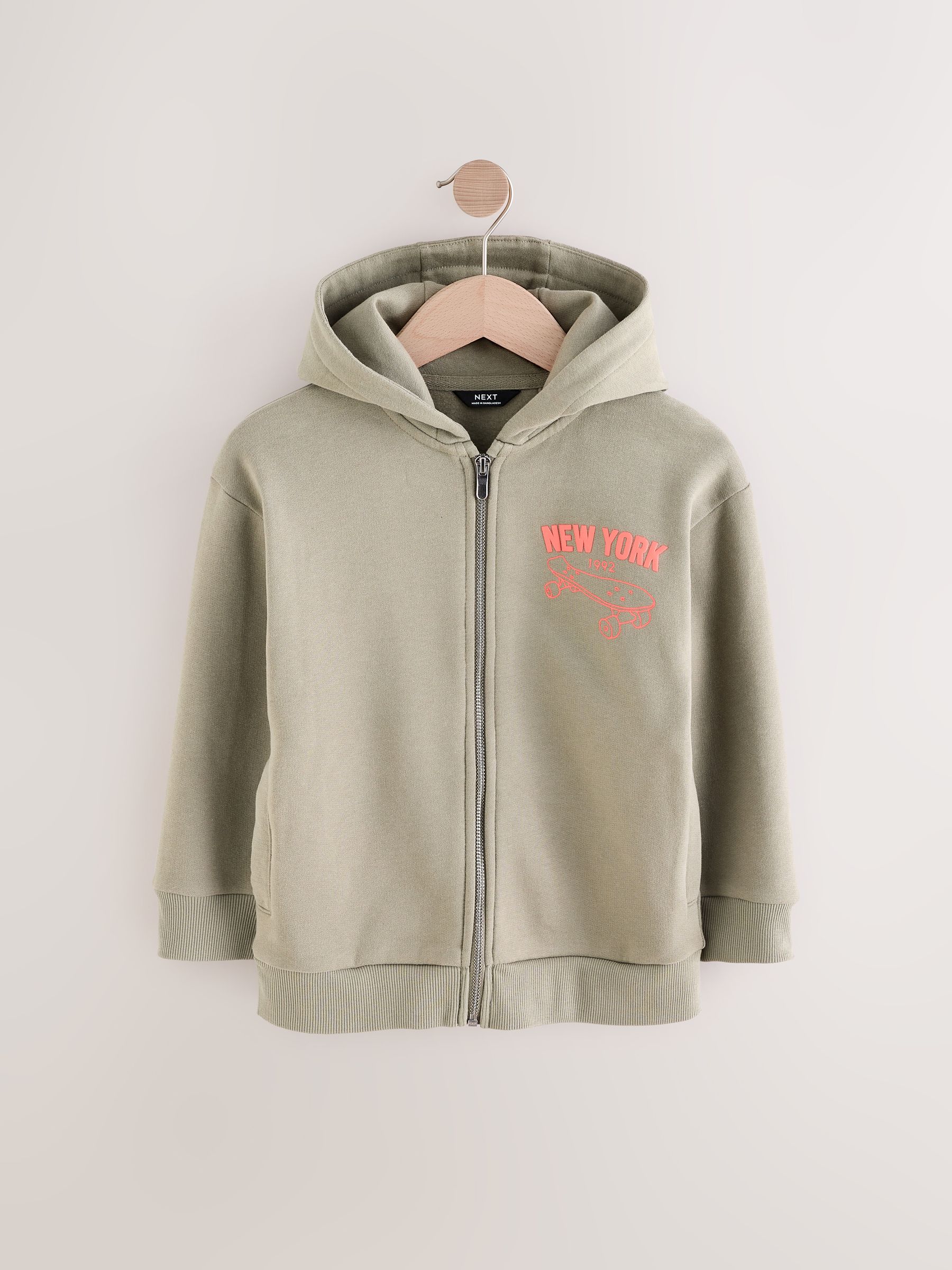 Khaki Green Zip Through Graphic Hoodie (3-16yrs)