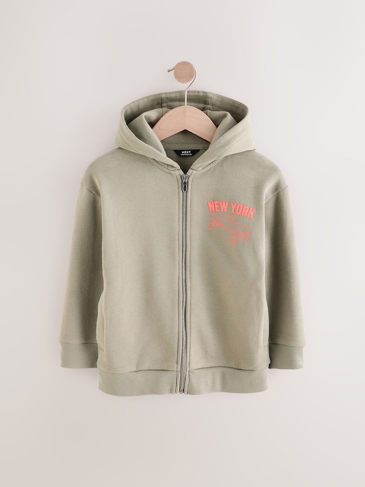 Khaki Green Zip Through Graphic Hoodie (3-16yrs) - Image 1 of 4