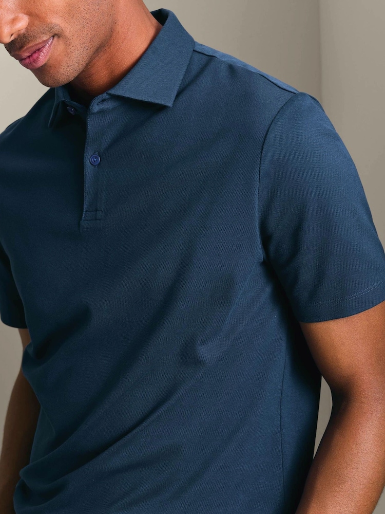 Charles Tyrwhitt Blue Short Sleeve Cotton Stretch Smart Pique Polo Shirt - Image 2 of 5