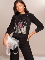 Lipsy Black Christmas Tree Christmas Slogan Crew Neck Knitted Jumper - Image 1 of 4