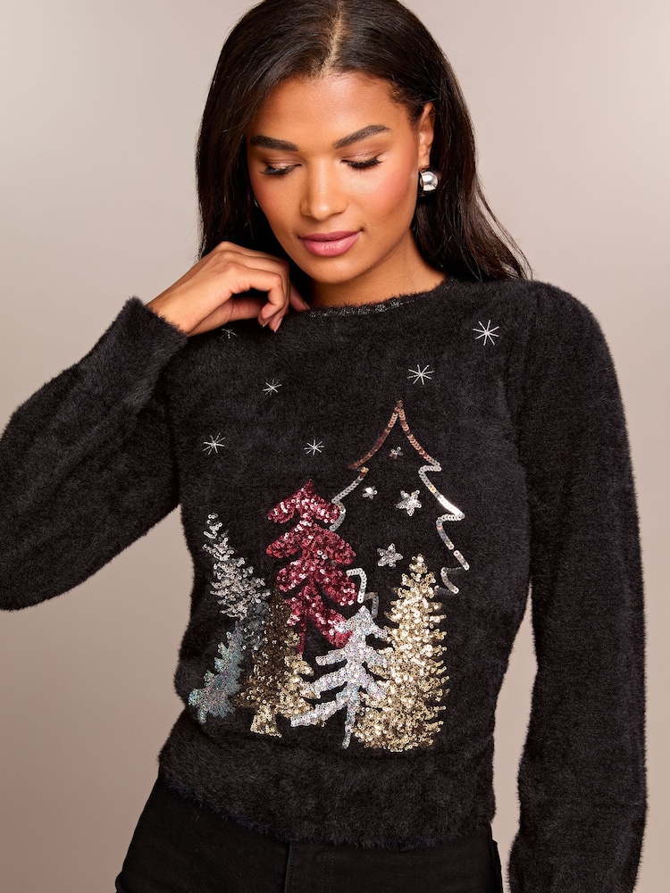 Lipsy Black Christmas Tree Christmas Slogan Crew Neck Knitted Jumper - Image 2 of 4