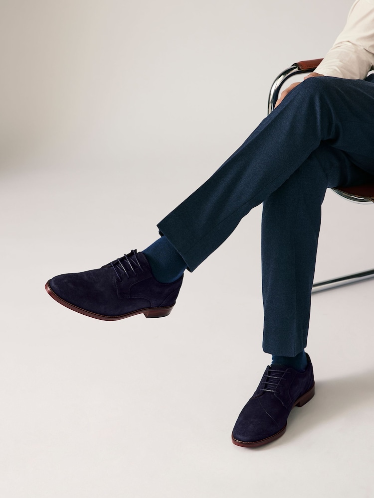 Navy Blue Suede Contrast Sole Derby Shoes - Image 1 of 6