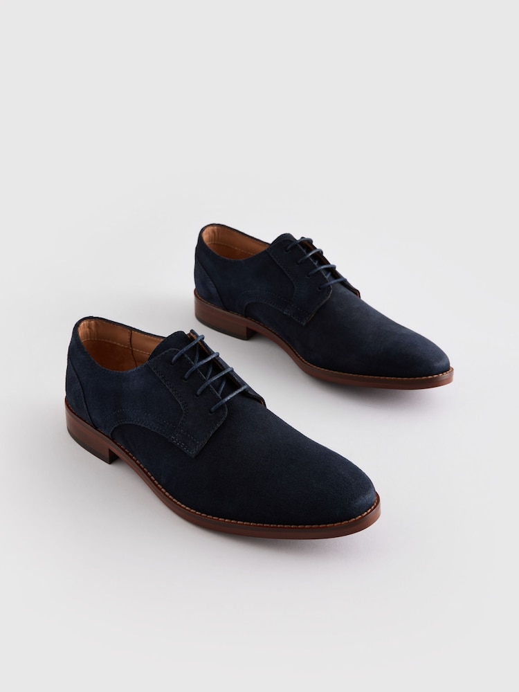 Navy Blue Suede Contrast Sole Derby Shoes - Image 2 of 6