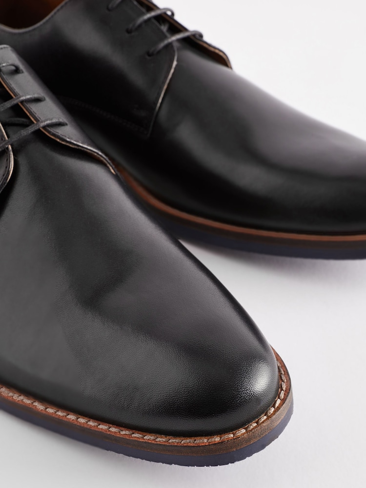 Black Wide Fit Leather Derby Shoes with Navy Contrast Sole - Image 7 of 7