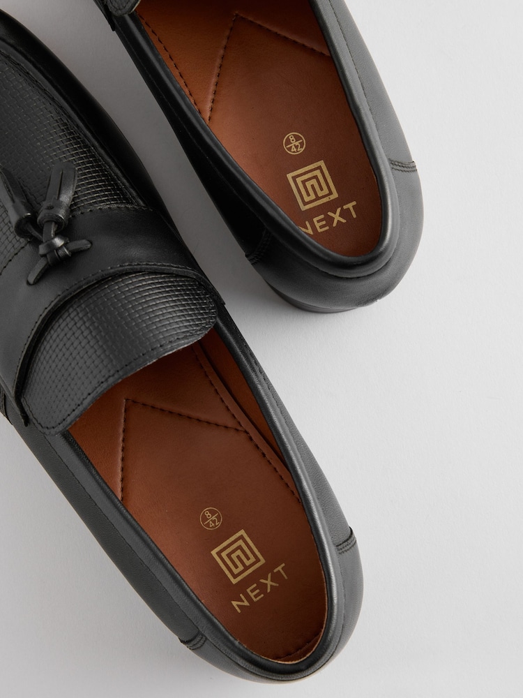 Black Leather Embossed Tassel Loafers - Image 4 of 6