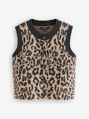 Brown Leopard Animal Crew Neck Knitted Pattern Tank With Pockets - Image 5 of 7