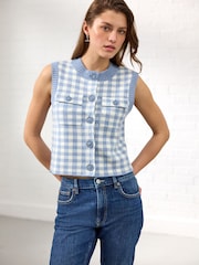 Blue Gingham Crew Neck Knitted Pattern Tank With Pockets - Image 1 of 8