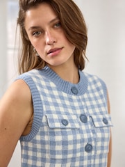 Blue Gingham Crew Neck Knitted Pattern Tank With Pockets - Image 5 of 8