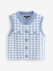 Blue Gingham Crew Neck Knitted Pattern Tank With Pockets - Image 6 of 8