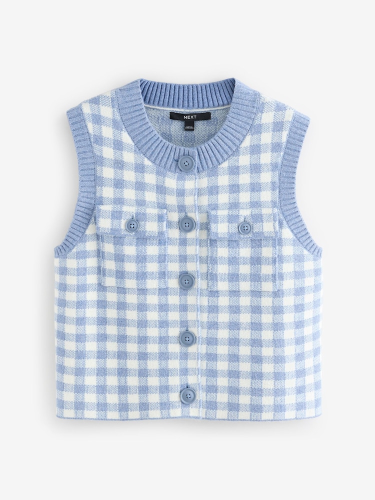 Blue Gingham Crew Neck Knitted Pattern Tank With Pockets - Image 6 of 8