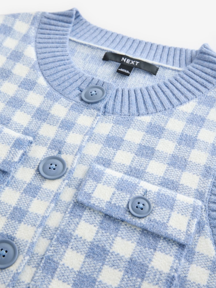 Blue Gingham Crew Neck Knitted Pattern Tank With Pockets - Image 7 of 8