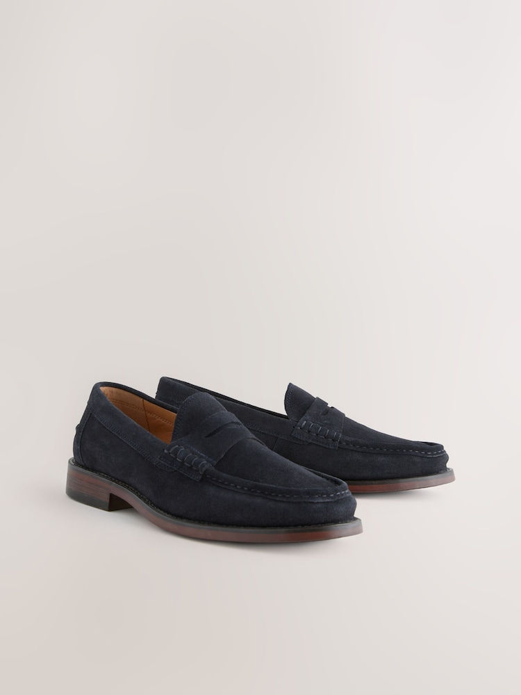 Navy Standard Fit Suede Penny Loafers - Image 2 of 6